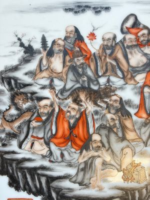 A Chinese grisaille and iron-red decorated '18 Luohan' plaque, Qianlong mark, 20th C. — photo 2