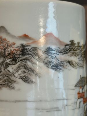 A Chinese grisaille and iron-red 'landscape' brush pot, Ju Ren Tang mark, Republic — photo 16
