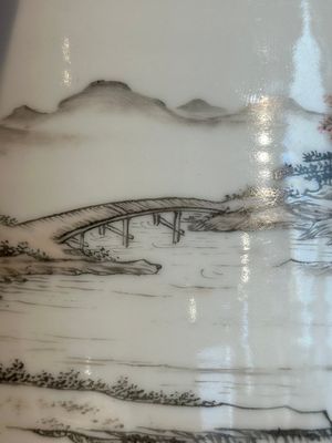 A Chinese grisaille and iron-red 'landscape' brush pot, Ju Ren Tang mark, Republic — photo 19