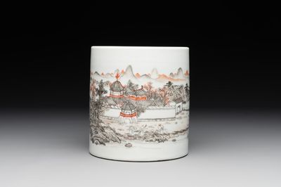 A Chinese grisaille and iron-red 'landscape' brush pot, Ju Ren Tang mark, Republic