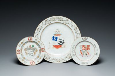 A Chinese grisaille armorial dish and two plates for the Dutch, English and Scottish markets, Qianlong