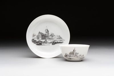 A Chinese grisaille 'Castricum, Blaricum and Workum' cup and saucer, Qianlong