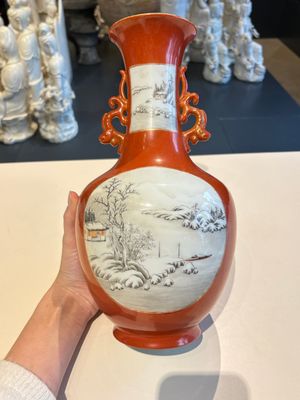 A Chinese grisaille coral red-ground vase, a famille rose eggshell vase and two bowls, Qianlong mark, 20th C. — 照片 7