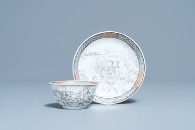 A Chinese grisaille cup and saucer with European hunters, Yongzheng