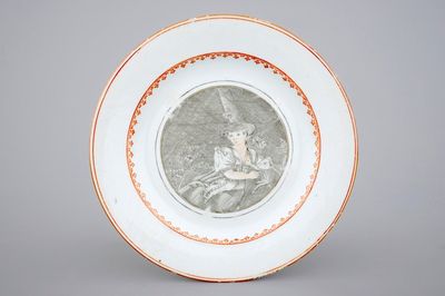 A Chinese grisaille export porcelain "European figures" shepherdess plate, 18th C