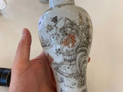 A Chinese grisaille garniture of five 'landscape' vases, Yongzheng — photo 19