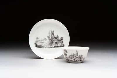 A Chinese grisaille 'Hoorn, Aspen and Valkenburg' cup and saucer, Qianlong
