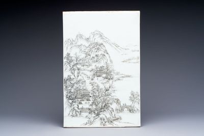 A Chinese grisaille 'mountainous landscape' plaque, 19th C.