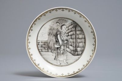 A Chinese grisaille 'Provender of the Monastery' saucer, Qianlong