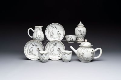 A Chinese grisaille semi-erotic 'La Nourriture' nine-piece tea service, Qianlong