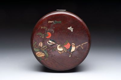 A Chinese hardstone and mother-of-pearl embellished huanghuali box, 19th C.