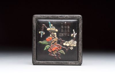 A Chinese hardstone, mother-of-pearl and silver embellished zitan box, Zhou Zhi 周製 mark, 18th C.