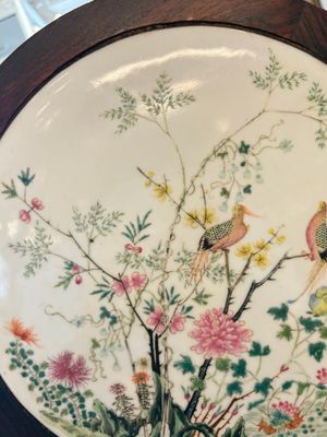 A Chinese hardwood stand with a mounted famille rose plaque, Republic — photo 11