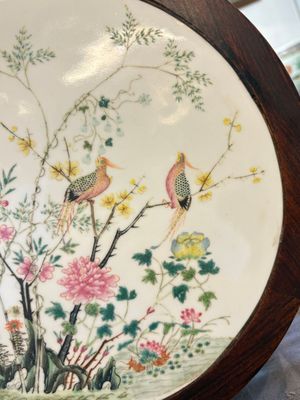 A Chinese hardwood stand with a mounted famille rose plaque, Republic — photo 12