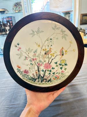A Chinese hardwood stand with a mounted famille rose plaque, Republic — photo 9