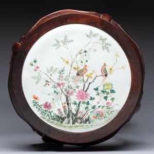 A Chinese hardwood stand with a mounted famille rose plaque, Republic — photo 2