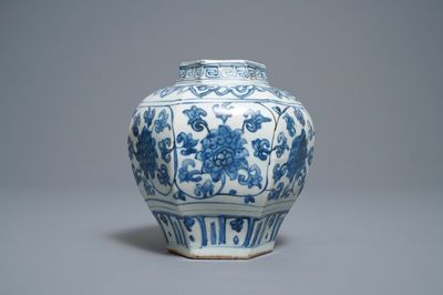 A Chinese hexagonal blue and white 'lotus scroll' vase, hare mark, Wanli