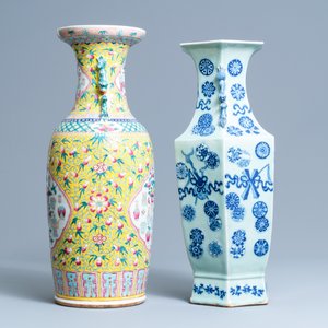 A Chinese hexagonal celadon-ground vase and a yellow-ground famille rose vase, 19th C. — 照片 3