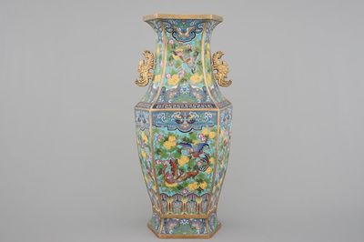 A Chinese hexagonal cloisonne vase with butterflies, 19th C.