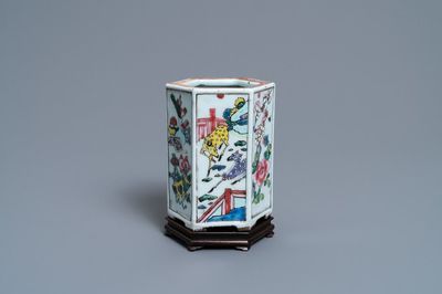 A Chinese hexagonal famille rose brush pot with deer and antiquities, Yongzheng
