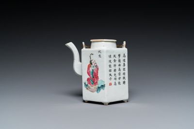 A Chinese hexagonal famille rose 'Wu Shuang Pu' teapot and cover, 19th C.
