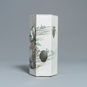 A Chinese hexagonal qianjiang cai hat 'landscape' hat stand, 19/20th C. — 照片 3