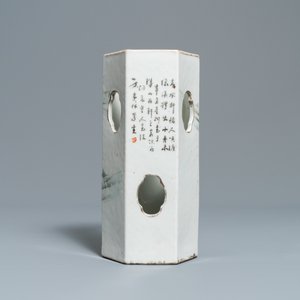 A Chinese hexagonal qianjiang cai hat 'landscape' hat stand, 19/20th C. — 照片 5