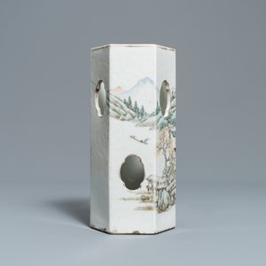 A Chinese hexagonal qianjiang cai hat 'landscape' hat stand, 19/20th C. — 照片 7