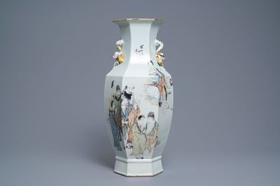 A Chinese hexagonal qianjiang cai 'immortals' vase, 19/20th C.