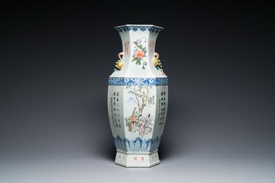 A Chinese hexagonal qianjiang cai vase, signed Hui Ru Shi 慧如氏, dated 1910