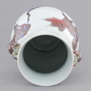 A Chinese hu-shaped deer-handled underglaze red and blue vase with finely painted animals, ca 1900 — photo 6