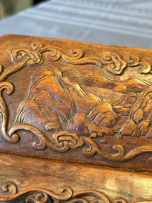 A Chinese Huanghuali wood coffin-shaped offering box and cover with mountainous landscape design, 17/18th C. — photo 29
