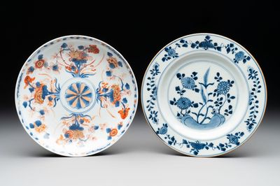 A Chinese Imari-style plate and a blue and white plate with floral design, Johanneum marks, ex-collection of August the Strong, Kangxi/Yongzheng