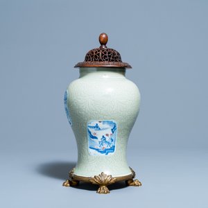 A Chinese incised celadon-glazed vase with blue, white and copper red panels, Kangxi — photo 1