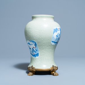 A Chinese incised celadon-glazed vase with blue, white and copper red panels, Kangxi — photo 11