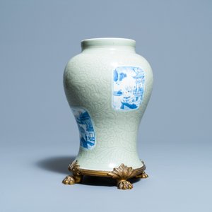 A Chinese incised celadon-glazed vase with blue, white and copper red panels, Kangxi — photo 7