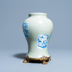 A Chinese incised celadon-glazed vase with blue, white and copper red panels, Kangxi — photo 10