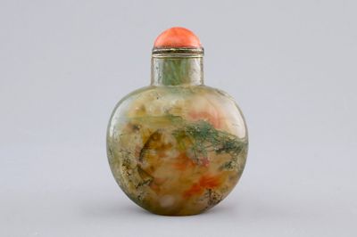 A Chinese incrusted agate snuff bottle with inside decoration of fish, 19/20th C.
