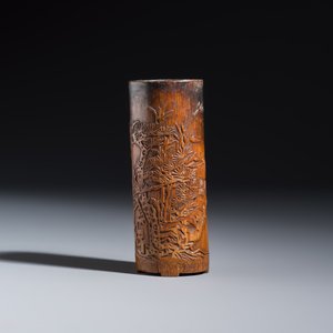 A Chinese inkstone with hongmu cover and stand, a boxwood carving, a bamboo brushpot and an incense tube — 照片 16