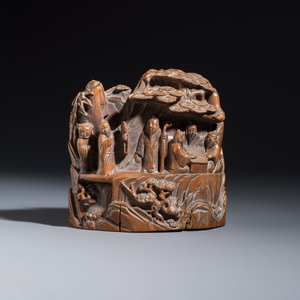 A Chinese inkstone with hongmu cover and stand, a boxwood carving, a bamboo brushpot and an incense tube — 照片 2