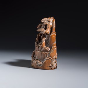 A Chinese inkstone with hongmu cover and stand, a boxwood carving, a bamboo brushpot and an incense tube — 照片 3