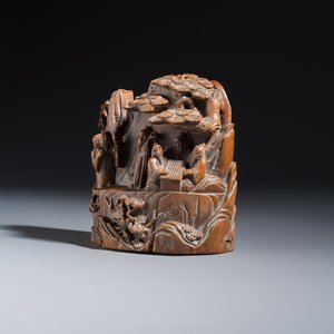 A Chinese inkstone with hongmu cover and stand, a boxwood carving, a bamboo brushpot and an incense tube — 照片 4
