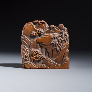 A Chinese inkstone with hongmu cover and stand, a boxwood carving, a bamboo brushpot and an incense tube — 照片 5