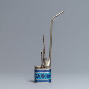 A Chinese inscribed paktong metal and enamel water pipe, 19th C. — photo 4
