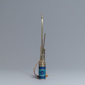 A Chinese inscribed paktong metal and enamel water pipe, 19th C. — photo 5