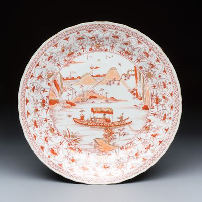 A Chinese iron-red and gilt-decorated 'Ode to the Red Cliff' dish, Kangxi