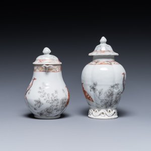 A Chinese iron-red and grisaille tea caddy and cream jug with fine pheasants, Yongzheng — 照片 3