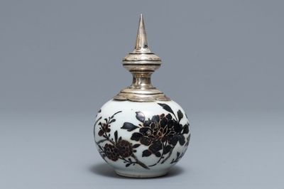 A Chinese iron red and overglaze black silver-mounted vase, 19th C.