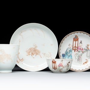 A Chinese iron-red-decorated 'boy and buffalo' cup and saucer and a famille rose 'Xi Xiang Ji' cup and saucer, Qianlong — photo 1