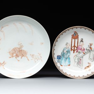 A Chinese iron-red-decorated 'boy and buffalo' cup and saucer and a famille rose 'Xi Xiang Ji' cup and saucer, Qianlong — photo 2